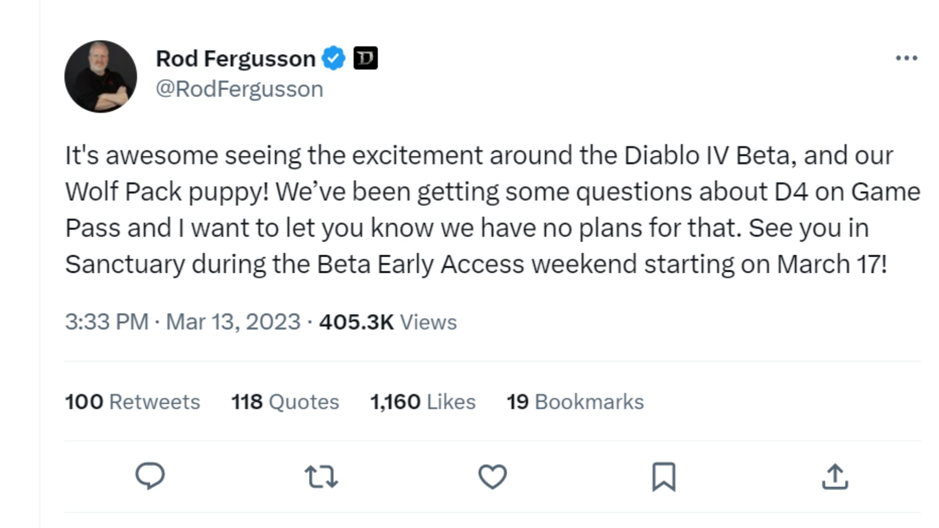 Rod Fergusson confirming that there are no plans for Diablo 4 on Game Pass.