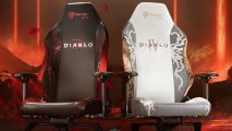 Two Diablo 4-styled gaming chairs against a fiery background, the left is black and the right is white.