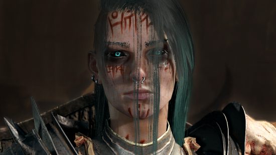 Diablo 4 hardcore race to 100 - a blue-and-gray-haired Necromancer with glowing blue eyes and symbols painted on her face in blood.