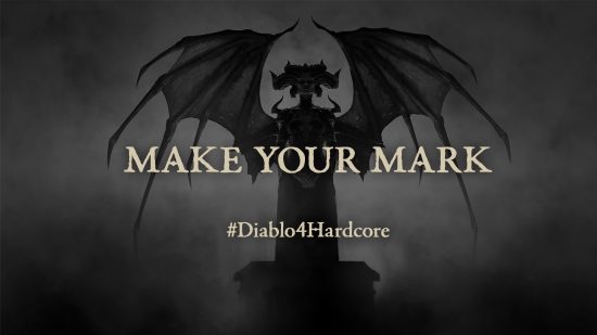 Diablo 4 Hardcore race to 100 - a shadowy silhouette of a Lilith statue with the caption "Make Your Mark #Diablo4Hardcore"
