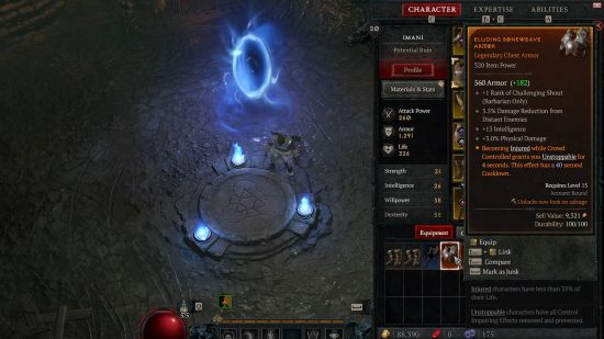 The inventory in Diablo 4, with a Legendary item highlighted, one of the most valuable on the scale of Diablo 4 item rarity.