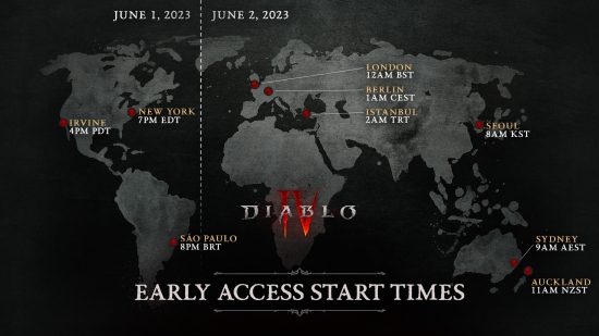 Diablo 4 early access launch times - chart showing times in each region