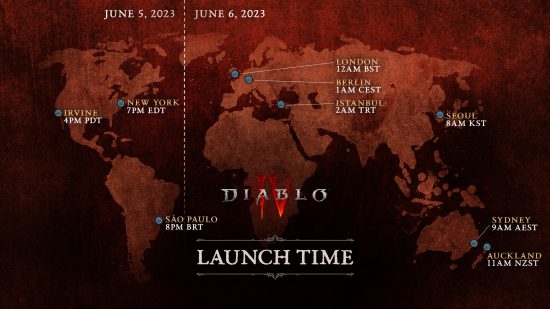 Diablo 4 lansman süreleri - her bölgedeki süreleri gösteren tablo.