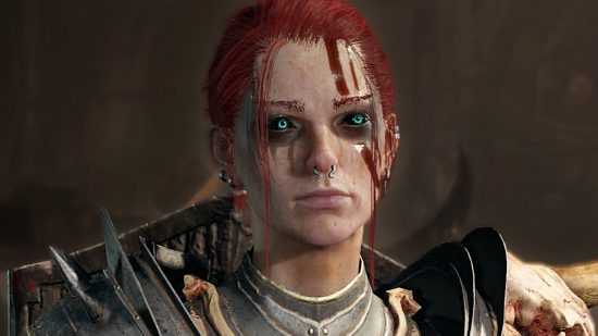 Diablo 4 loot farm Server Slam - a pale, female Necromancer with vibrant blue eyes and red hair tied back into a ponytail.