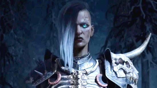 Best Diablo 4 Necromancer build - a Necromancer, half bald, half long grey hair, is clad in armour covered in bones, including a skull with a giant horn on her shoulder.