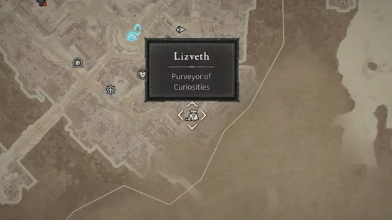 The Diablo 4 map with Lizveth, the Purveyor of Curiosities in the middle