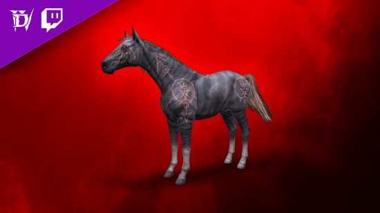 Diablo 4 Twitch Drops - the Primal Instinct mount, a rune-engraved horse available for gifting two Twitch subscriptions to eligible streamers during the first month post-release.