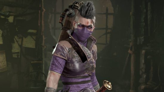 A white woman with bloody tattoos and a purple mask wears her hair in a shark mohawk with a crossbow on her back looking into the camera