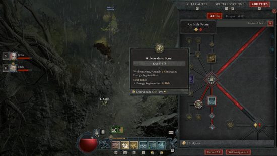 A gloomy backdrop and a contextual menu showing all of a warriors earned skills in Diablo 4 respec