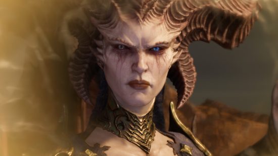 Diablo 4 review - Hail Lilith, the darkness has returned: A horned demonic woman with one blue eye and one brown stares into the camera grimacing