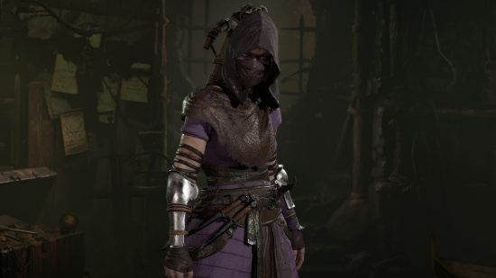 A woman wearing a hood that covers her face, as well as a black mask with purple cloth armour and a belt around her waist in a shadowy dungeon room