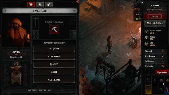 Diablo 4's salvage interface showing the salvage tab and a list of salvageable items.