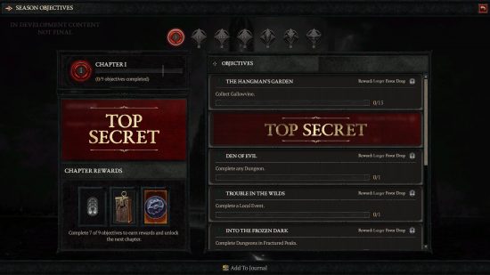 Diablo 4 season roadmap: a black screen with grey objectives and some remaining top secret