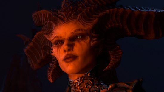 Diablo 4 best settings: Lilith smiles as an orange light casts upon her face