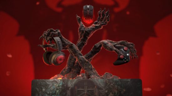 Picture of demonic hands holding gaming gear including headphones and a mouse.