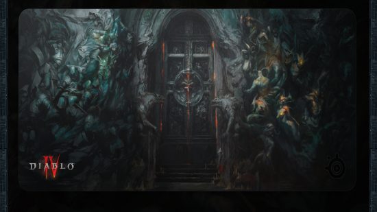 Mousepad que muestra la escena de Diablo 4 con figuras infernales y una gran puerta demoníaca