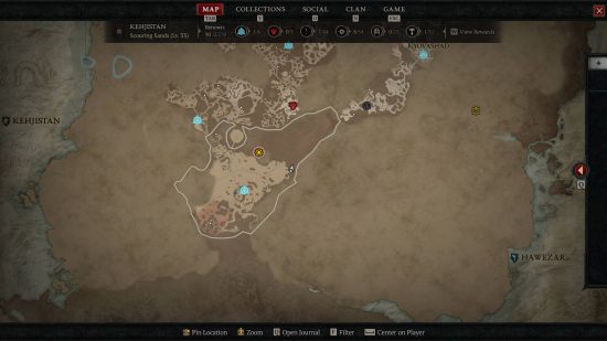 Một bản đồ của khu vực Kehjistan với một trong các thành trì Diablo 4 được hiển thị trên bản đồ