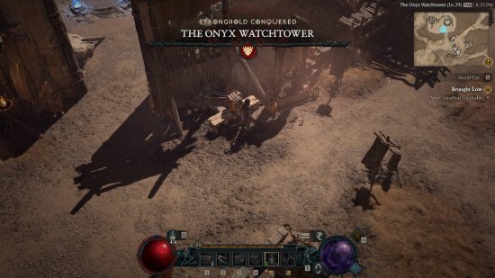 The Rogue has completed the Diablo 4 Strongholds at the Onyx Watchtower. She is standing close to a merchant.