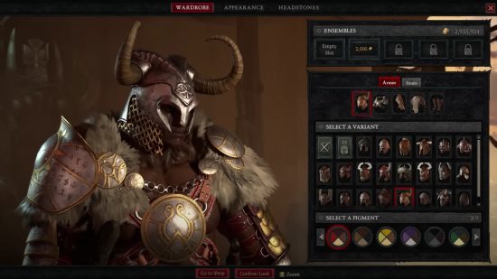 The Diablo 4 transmog menu that allows you to pick a specific piece of armour and customise it to pick your favourite coloursrpigments