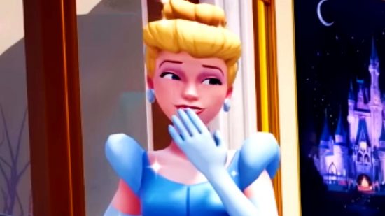 Disney Dreamlight Valley update 5 - Cinderella puts her hand to her mouth as she giggles, wearing her iconic blue ballgown.