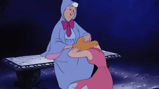 Disney Dreamlight Valley update 5 - screenshot from Cinderella (1950): Cinderella cries into the lap of the Fairy Godmother, who is sat on a stone bench.