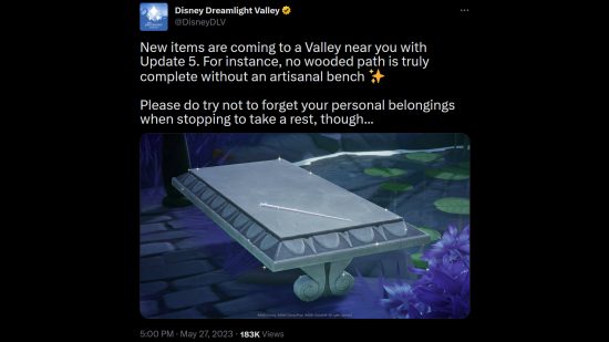 Disney Dreamlight Valley update 5 - Tweet from the DLV account: New items are coming to a Valley near you with Update 5. For instance, no wooded path is truly complete without an artisanal bench. Please do try not to forget your personal belongings when stopping to take a rest, though..." Attached is an image of the stone bench from Cinderella, with the Fairy Godmother's wand laying atop it.