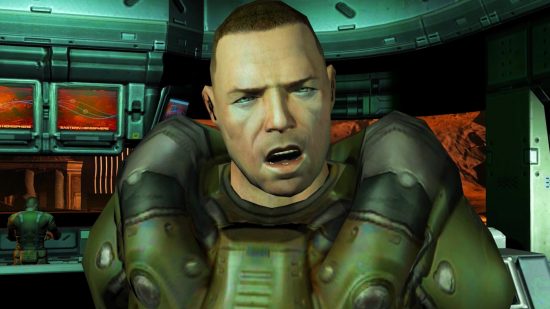 Doom 3 remade as a fast-paced boomer shooter: A space marine with a buzz haircut and heavy armor from FPS game Doom 3