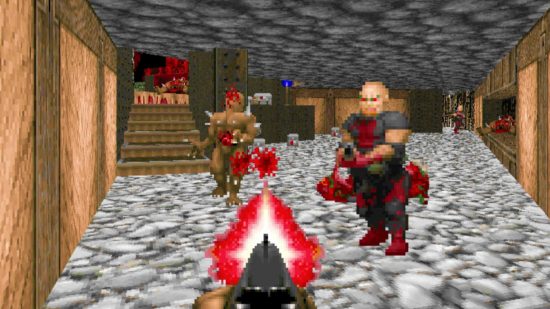 Doom just got a huge expansion pack, approved by Bethesda: A Marine with a shotgun shoots zombie enemies in FPS game Doom