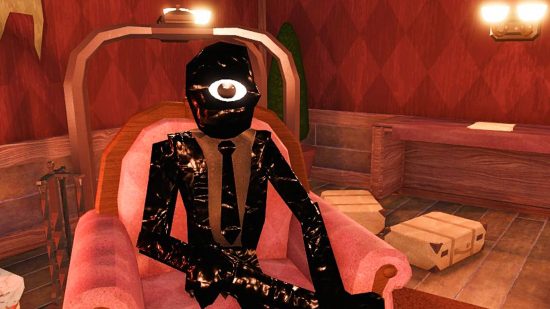 Doors codes: One of the humanoid entities from Doors, the horror game on the Roblox platform, reclines in a chair in what appear to be a hotel lobby, its one eye staring at the viewer.