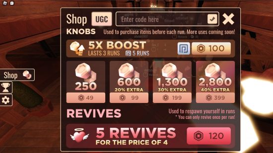 Doors codes: The shop containing the Doors codes redemption text box, along with the various offers of items available to purchase.