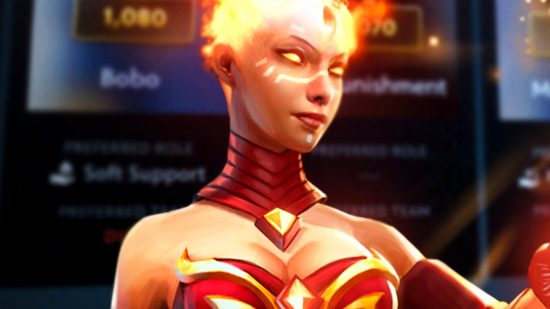 Dota 2 update changes Watcher colors - Lina, a woman in a red and gold dress, with glowing red eyes and flaming hair.
