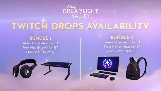 Image shows the latest Dreamlight Valley Twitch Drops, an RGB headset, RBG gaming desk, RBG gaming PC, and RGB backpack, as well as how to earn them.
