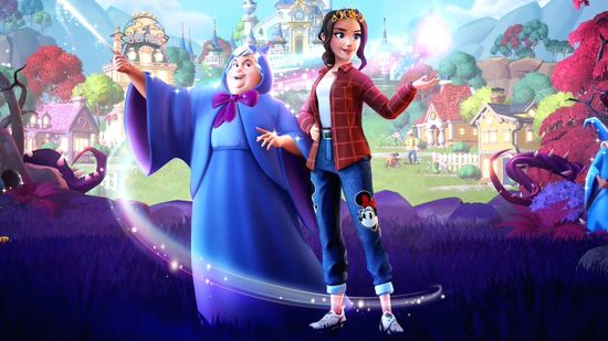 Il personaggio del giocatore in piedi accanto alla fata madrina di Cenerentola nel prossimo aggiornamento Dreamlight Valley, il ricordo
