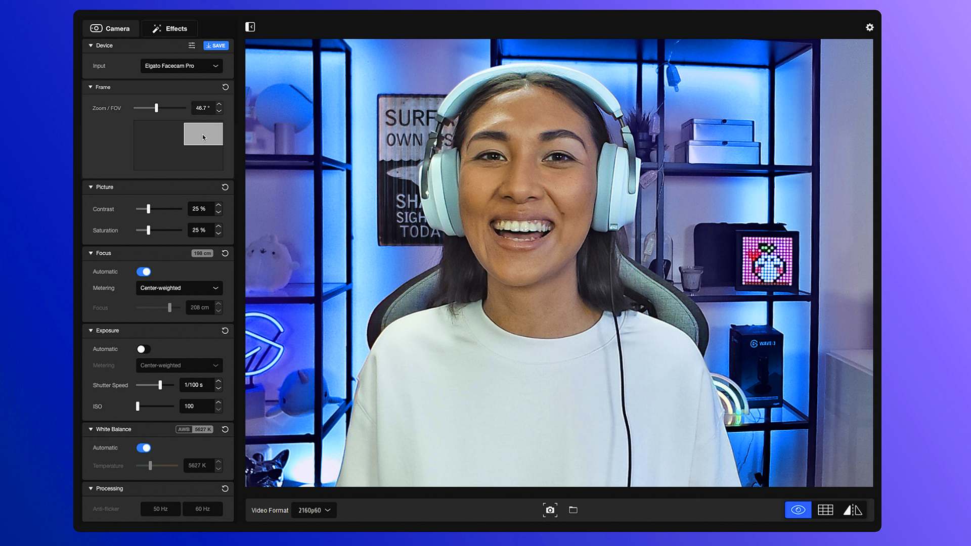 Elgato Camera hub window with femme presenting streamer wearing white headphones and top