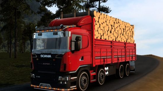 ETS2 modları, günlükleri taşıyan büyük bir kırmızı kamyonu içe aktarmanıza izin verir