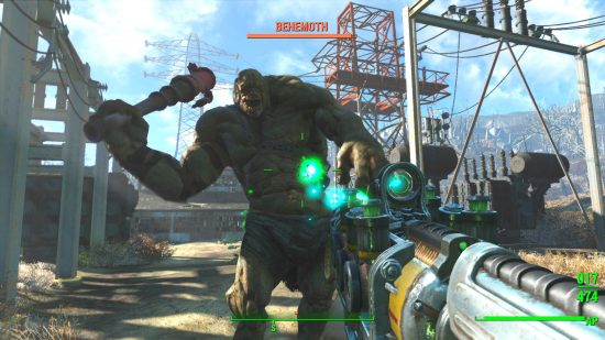 Fallout 4 console commands: a hulking great humanoid beast, green in color, weilding a huge club in their right hand.