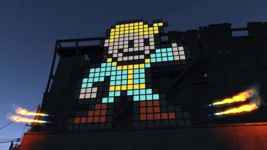 Fallout 4 console commands: a pixel art sign depicting a blonde person wearing a blue and yellow jumpsuit.