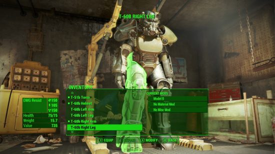 Fallout 4 console commands: a hulked great set of armor, with a gasmask-like faceplate.