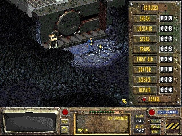 Fallout’s original names were, erm, interesting: A person in a blue jumpsuit stands outside a nuclear bunker in RPG game Fallout