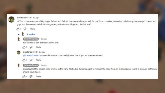 The long lost Fallout source code has been found: a screenshot of Cain's comment on YouTube
