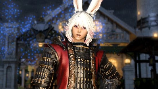 FFXIV housing auto-demolition - a male Viera with white, pink-tipped hair wearing a black and red jacket with gold embroidering. He is standing in front of a house in the MMO's Mist district.