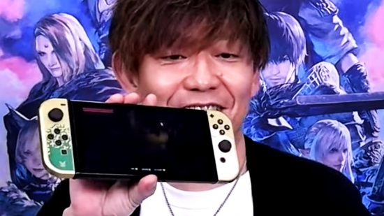 FFXIV director Naoki Yoshida holds up a Nintendo Switch as he explains how the MMO grind is being lessened to make time for games such as FF16, Zelda, and Star Wars.
