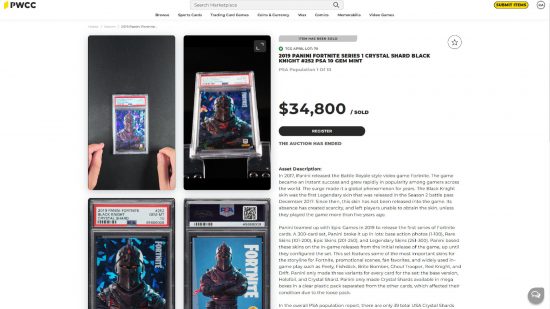 Best-selling Fortnite card - a 2019 Panini Crystal Shard Black Knight PSA 10 gem mint, sold via PWCC Marketplace for $34,800.