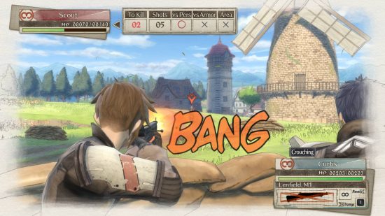 Games like Fire Emblem - a soldier is shooting at an enemy inside a tower in Valkyria Chronicles 4.