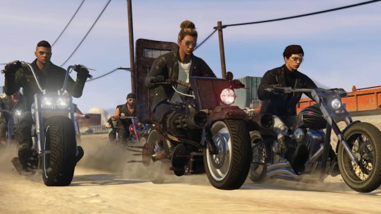 GTA 5 fastest cars: three people on lowrider motorbikes driving on a dirt road.