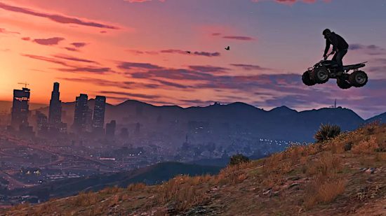 GTA 6 release date: a man on a quad bike is jumping down a hill, with the city in the background during a peaceful, colorful sunset.