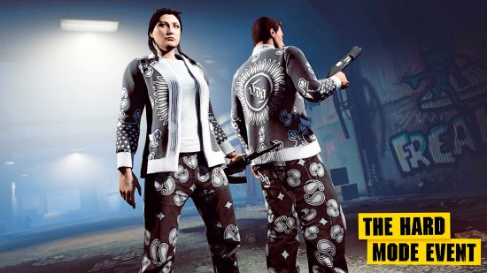 Pembaruan mingguan GTA Online - dua karakter mengenakan pakaian VDG hitam-putih yang diperoleh dari acara mode keras Drug Wars Last Dose.
