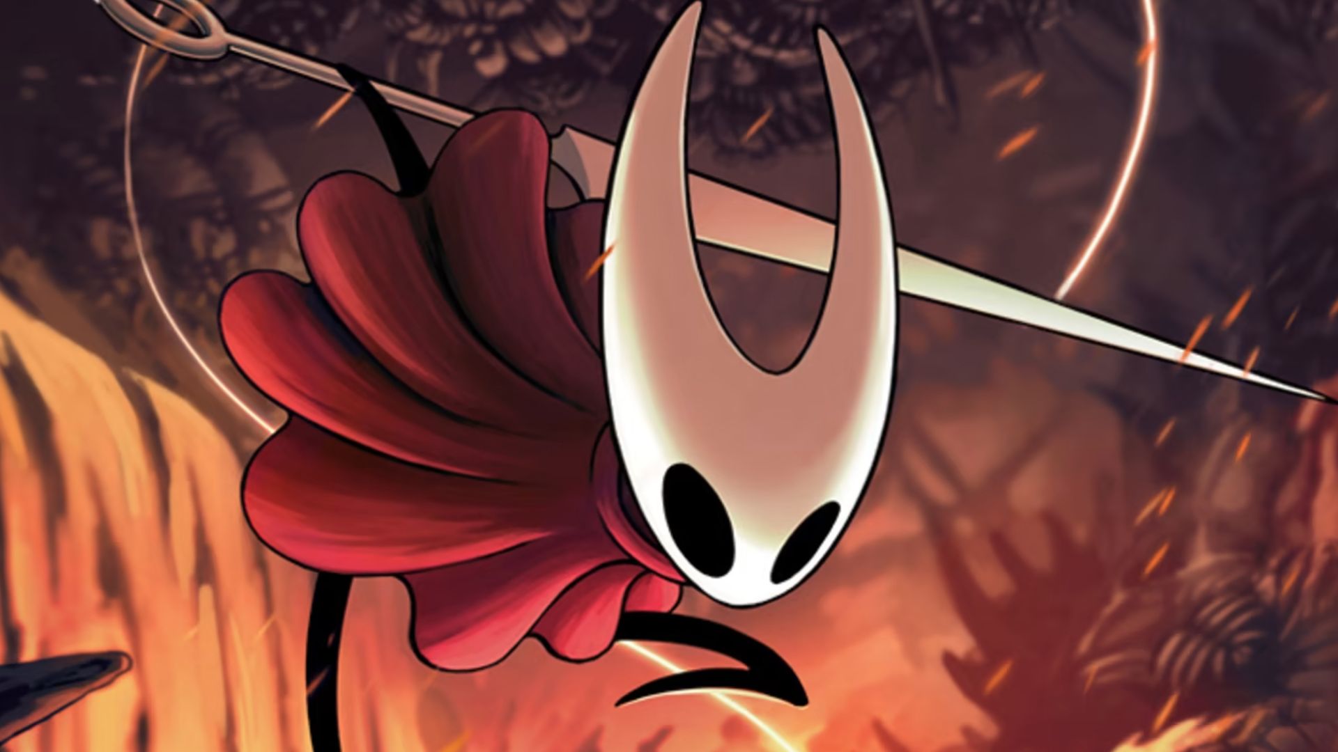 Hornet, the protagonist of Hollow Knight Silksong, swings into action with her signature needle weapon.