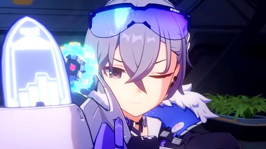 Honkai Star Rail 1.1 release date - newly available character Silver Wolf, a hacker with silver hair and purple-tinted sunglasses.