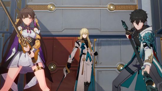 Honkai Star Rail builds: Sushang, Luocha, and Dan Heng stand together in combat as part of the Honkai Star Rail campaign.